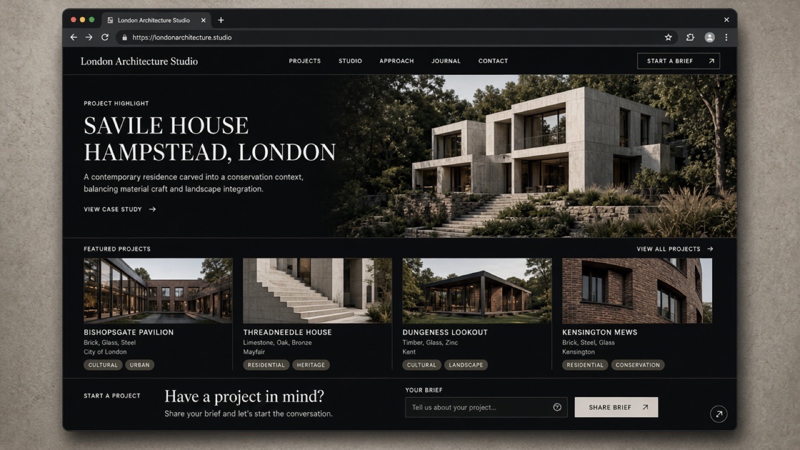 Illustrative architecture studio portfolio concept for London — project grid and brief form