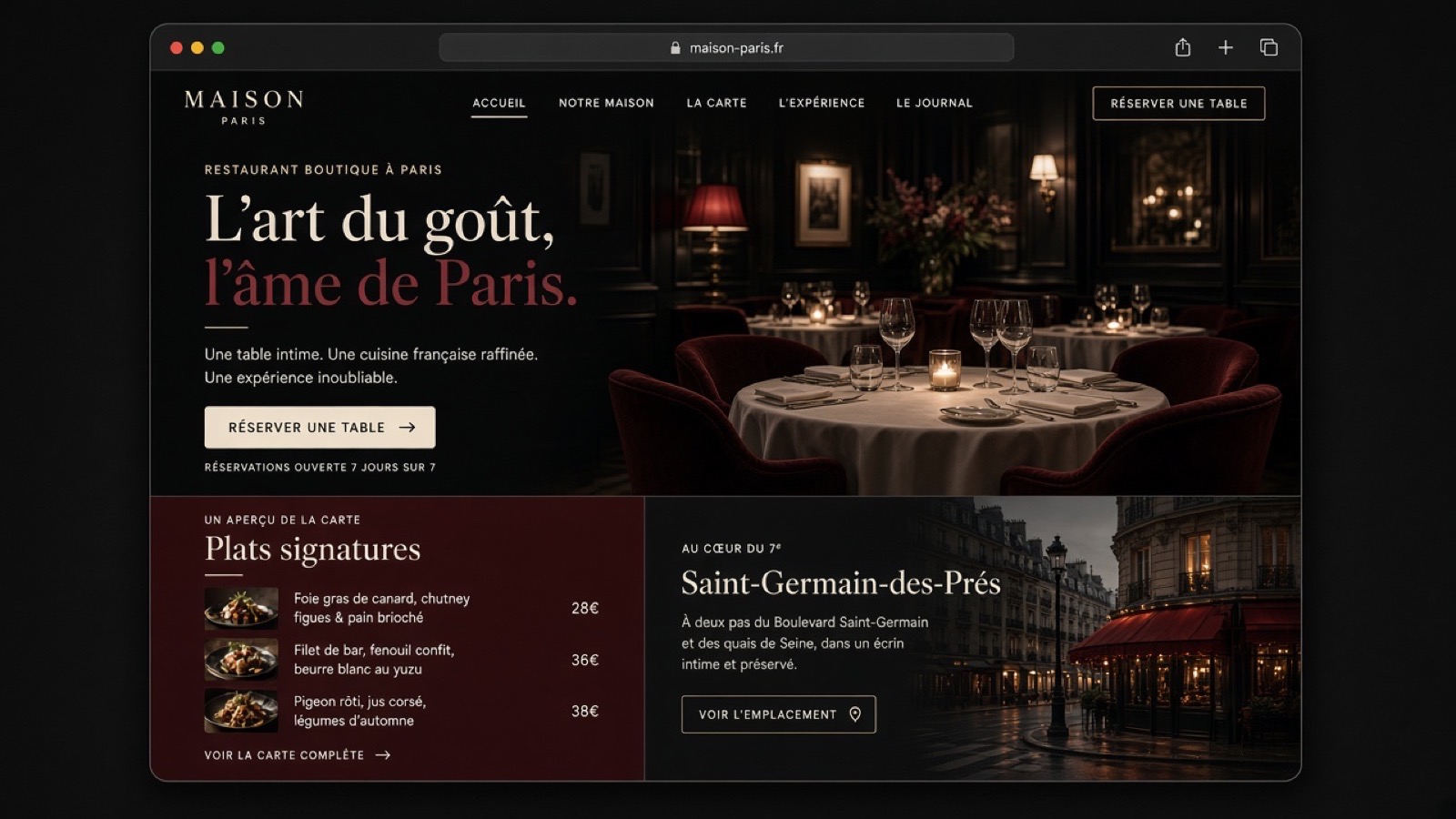 Illustrative restaurant landing page concept for Paris — reservation-focused hero and campaign CTA
