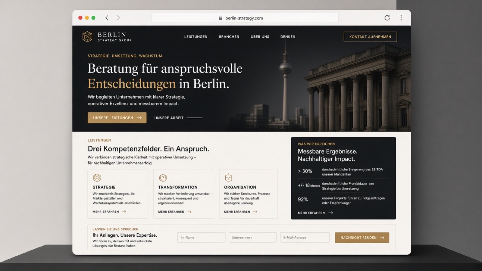 Illustrative website concept for a Berlin consulting firm — service hubs and conversion-focused lead path