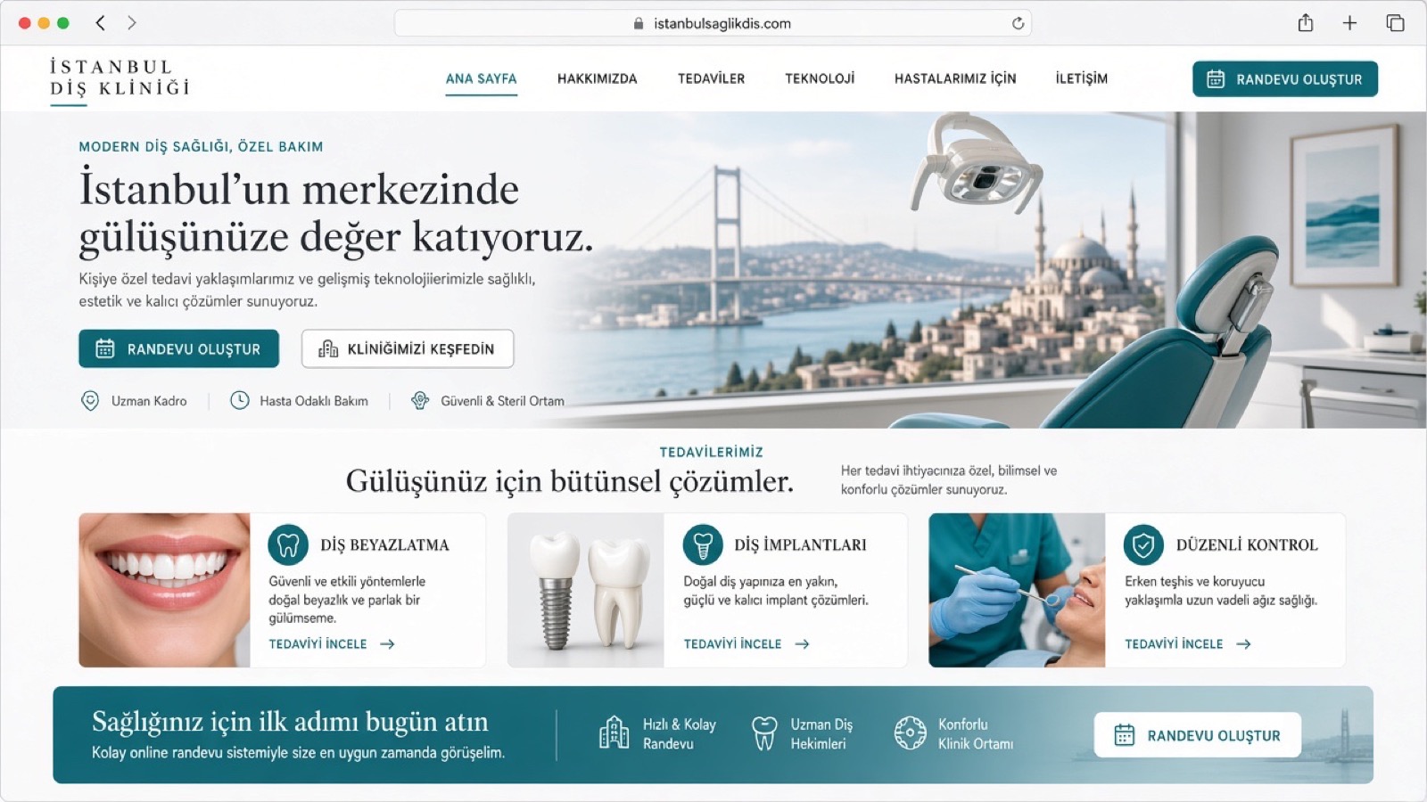 Illustrative website concept for an Istanbul dental clinic — treatment pages and online booking journey