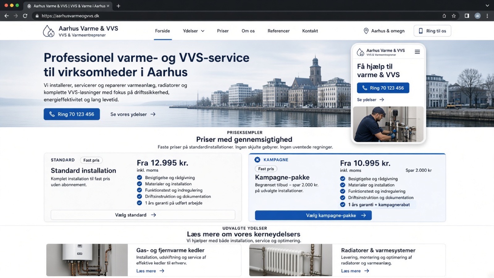 Illustrative trade website concept for Aarhus heating and plumbing — dual pricing and mobile contact