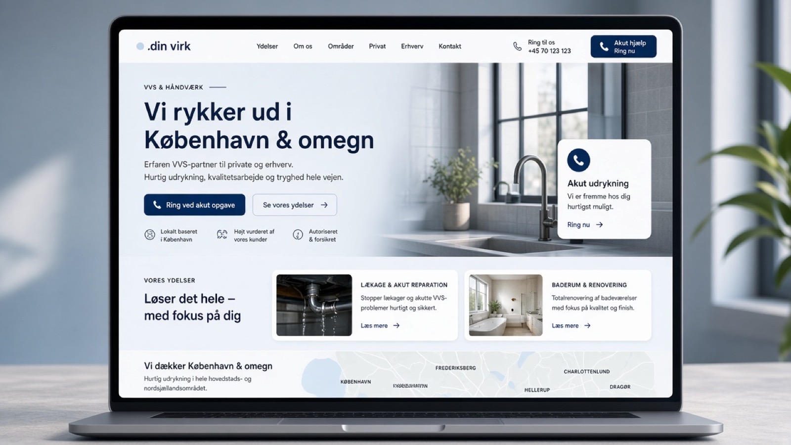 Illustrative website concept for a Copenhagen plumbing company — emergency and planned-work service pages with clear call-to-action