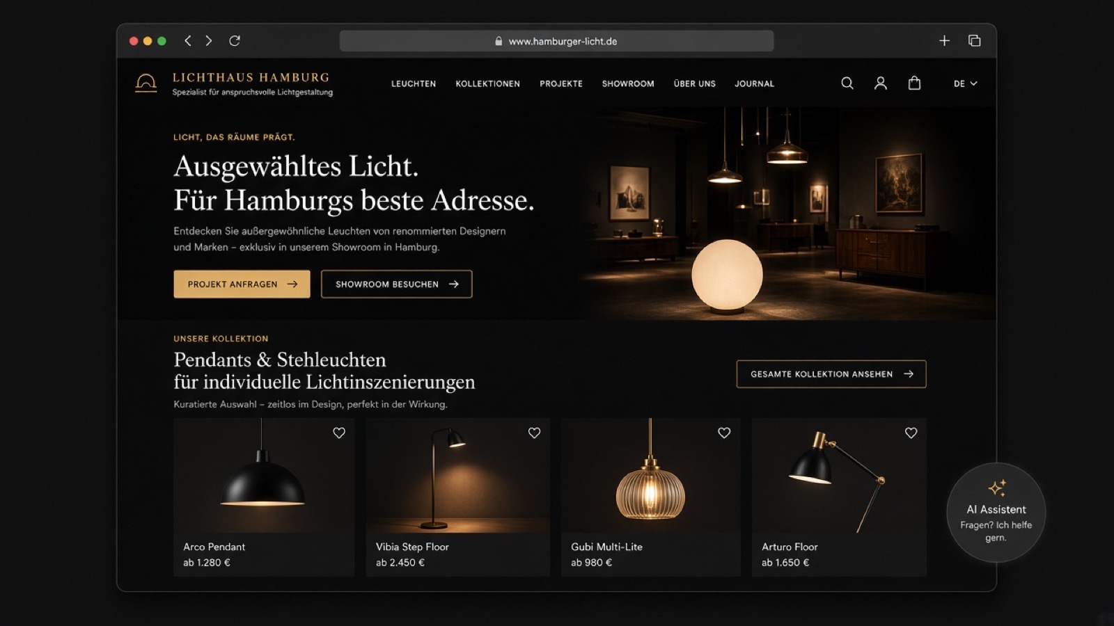 Illustrative lighting retailer website concept for Hamburg — showroom products and project enquiry CTA