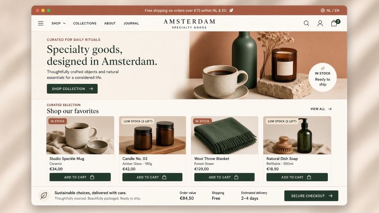 Illustrative ecommerce website concept for Amsterdam specialty retail — collections and mobile checkout emphasis